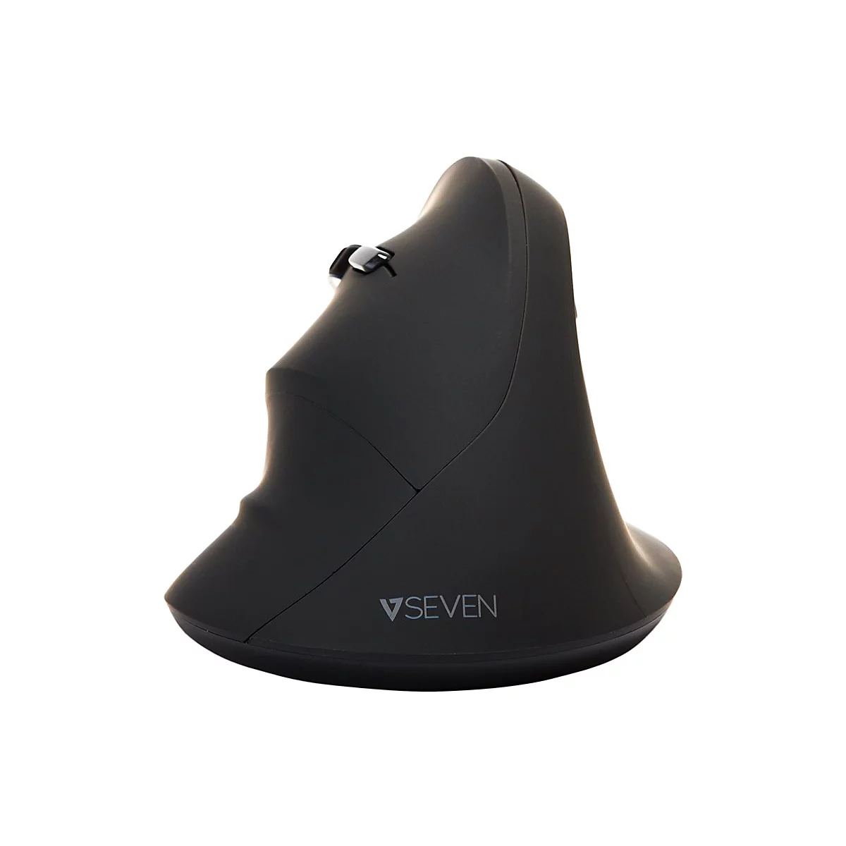 Schwarze ergonomische Maus, seitlich betrachtet, mit dem Schriftzug VSEVEN.