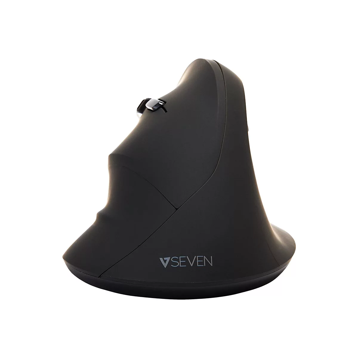 Schwarze ergonomische Maus mit V7-Logo, Ansicht von vorne. Ein Scrollrad ist oben angebracht.