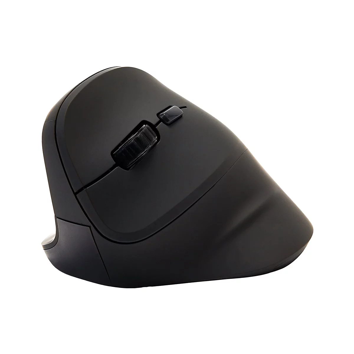 Schwarze, ergonomische Maus. Mit Scrollrad und zwei Zusatztasten.