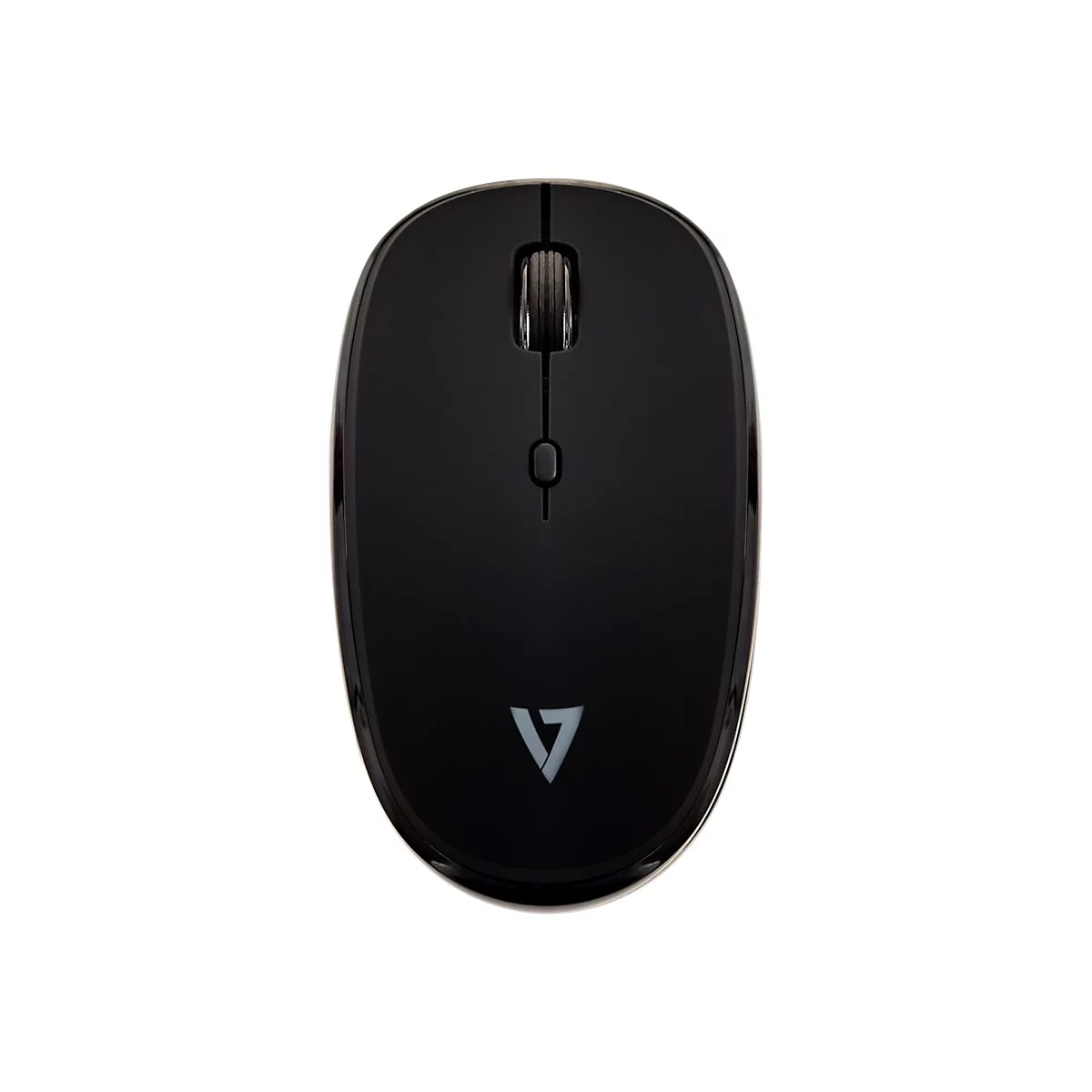 Schwarze, ovale Computermaus mit Scrollrad und Logo. Vor weißem Hintergrund.