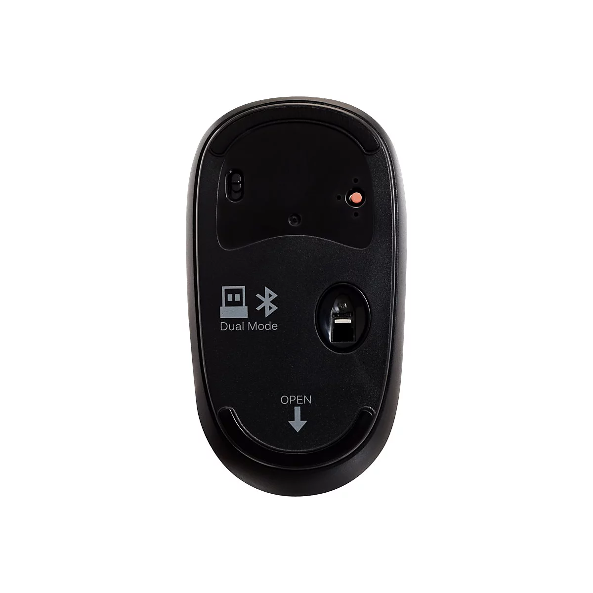Drahtlose Computermaus in Schwarz, Oberseite mit Bluetooth-Symbol und Beschriftung "Dual Mode".