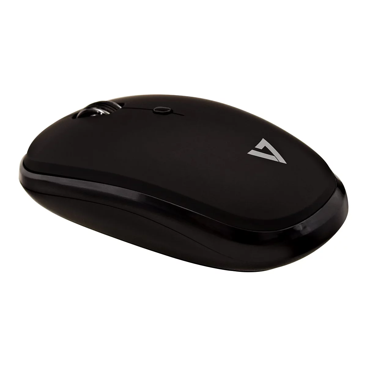 Schwarze Computermaus, Rollrad und Logo, weißer Hintergrund.