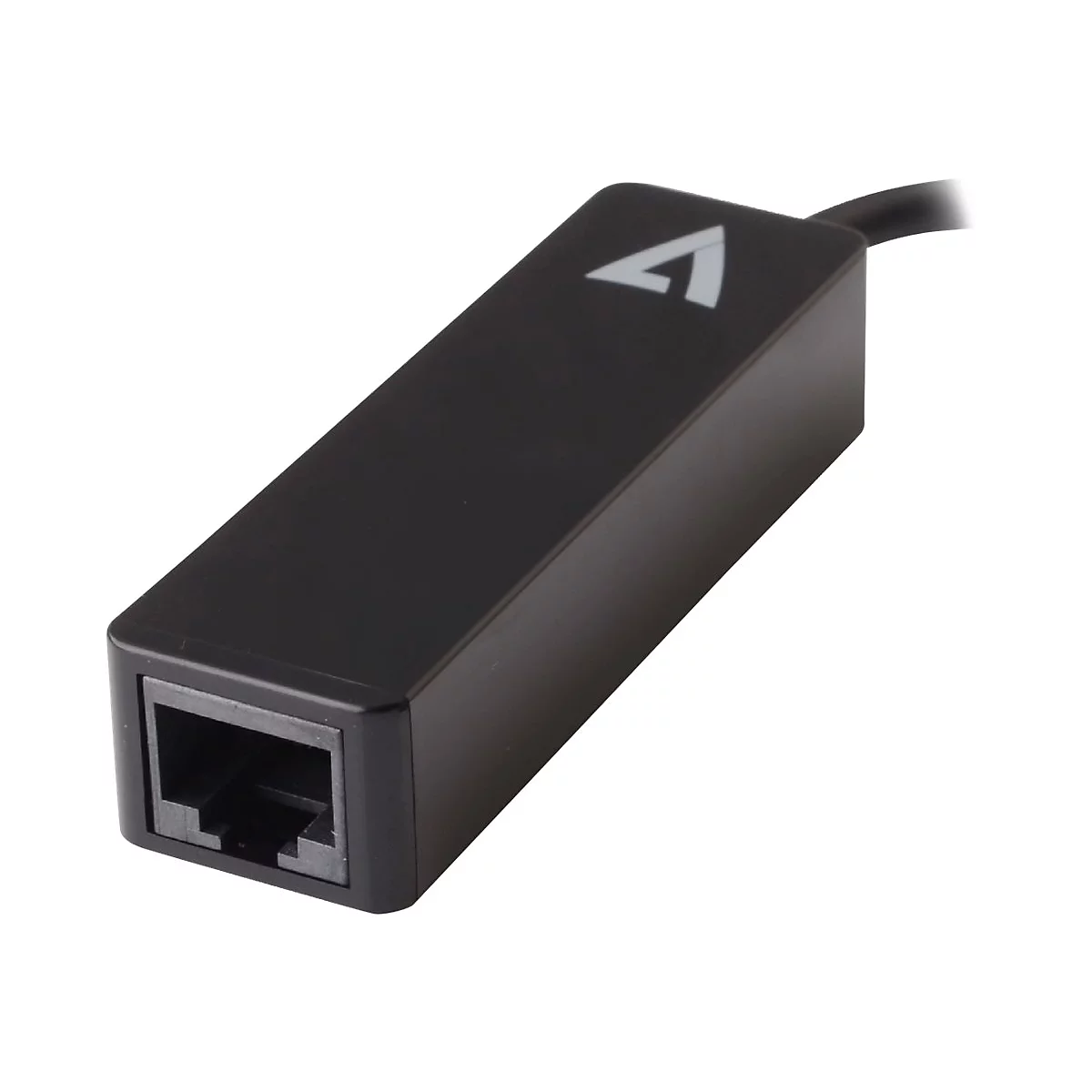 Schwarzer Netzwerkadapter mit RJ45-Anschluss und Kabel. Oben ein weiÃŸes Logo.