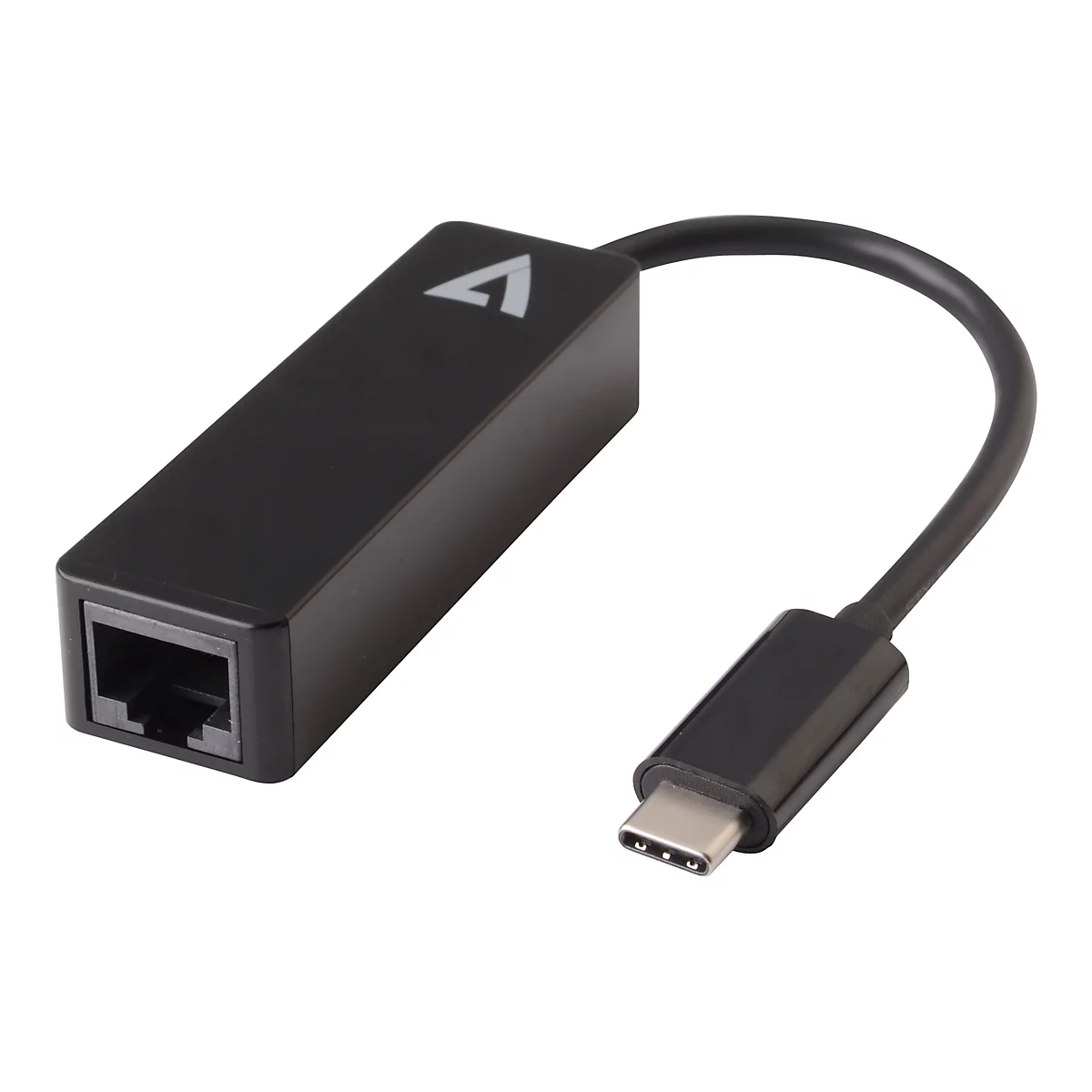 Schwarzer USB-C-Ethernet-Adapter, mit Ethernet-Buchse, Typ-C-Anschluss und Markenlogo.
