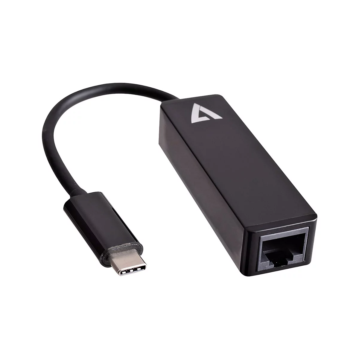Schwarzer Adapter mit USB-C-Anschluss und Ethernet-Buchse. Oben links befindet sich ein Kabel.