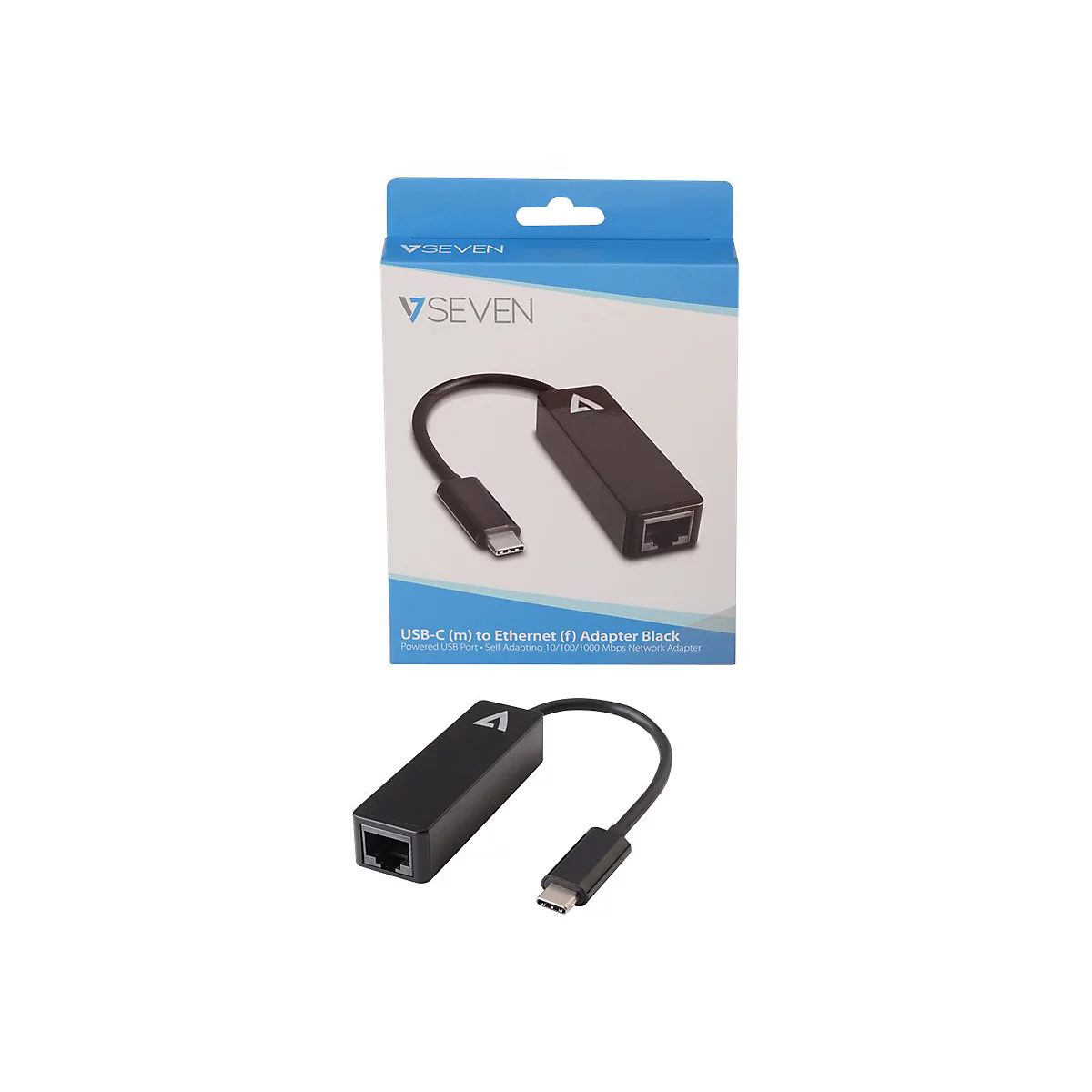 Ein schwarzer USB-C-zu-Ethernet-Adapter, einmal in der Verpackung, einmal lose darunter.