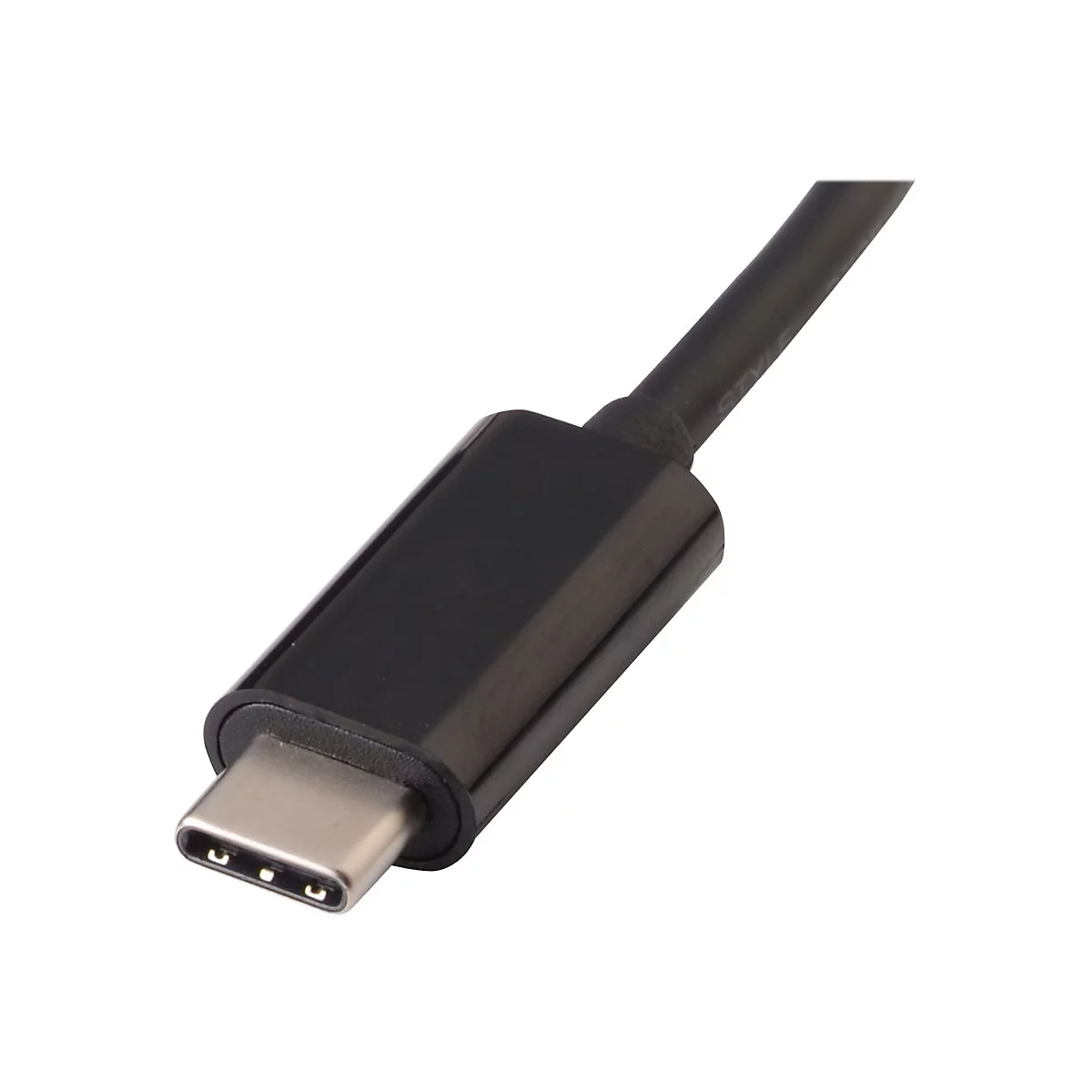 Nahaufnahme eines schwarzen USB-C-Steckers, der an einem Kabel befestigt ist, auf weiÃŸem Hintergrund.