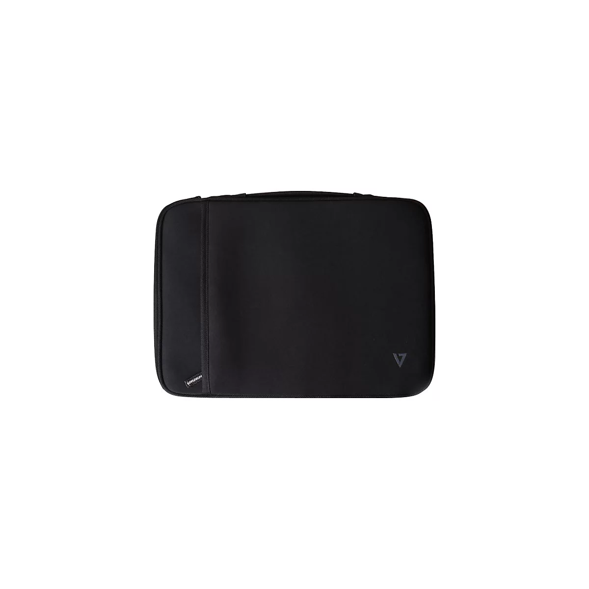 Schwarze Laptoptasche, rechteckig, mit Tragegriff. Auf der Vorderseite ein Logo. Auf der Seite ein Label.