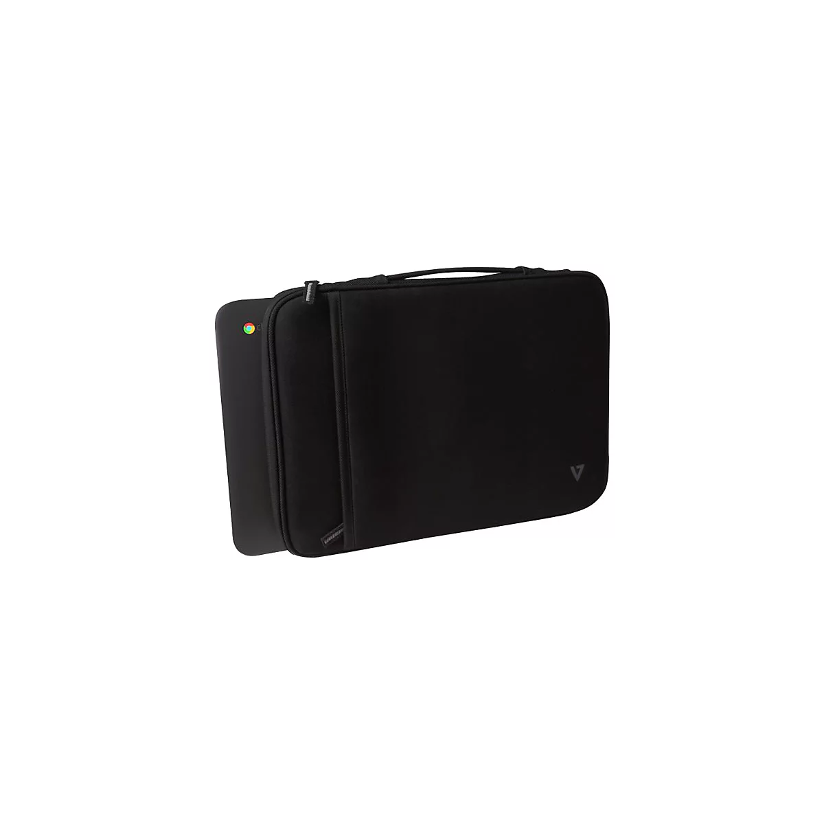 Schwarze Laptoptasche mit einem Chromebook, das teilweise sichtbar ist. Auf der Tasche ist ein V-Logo.