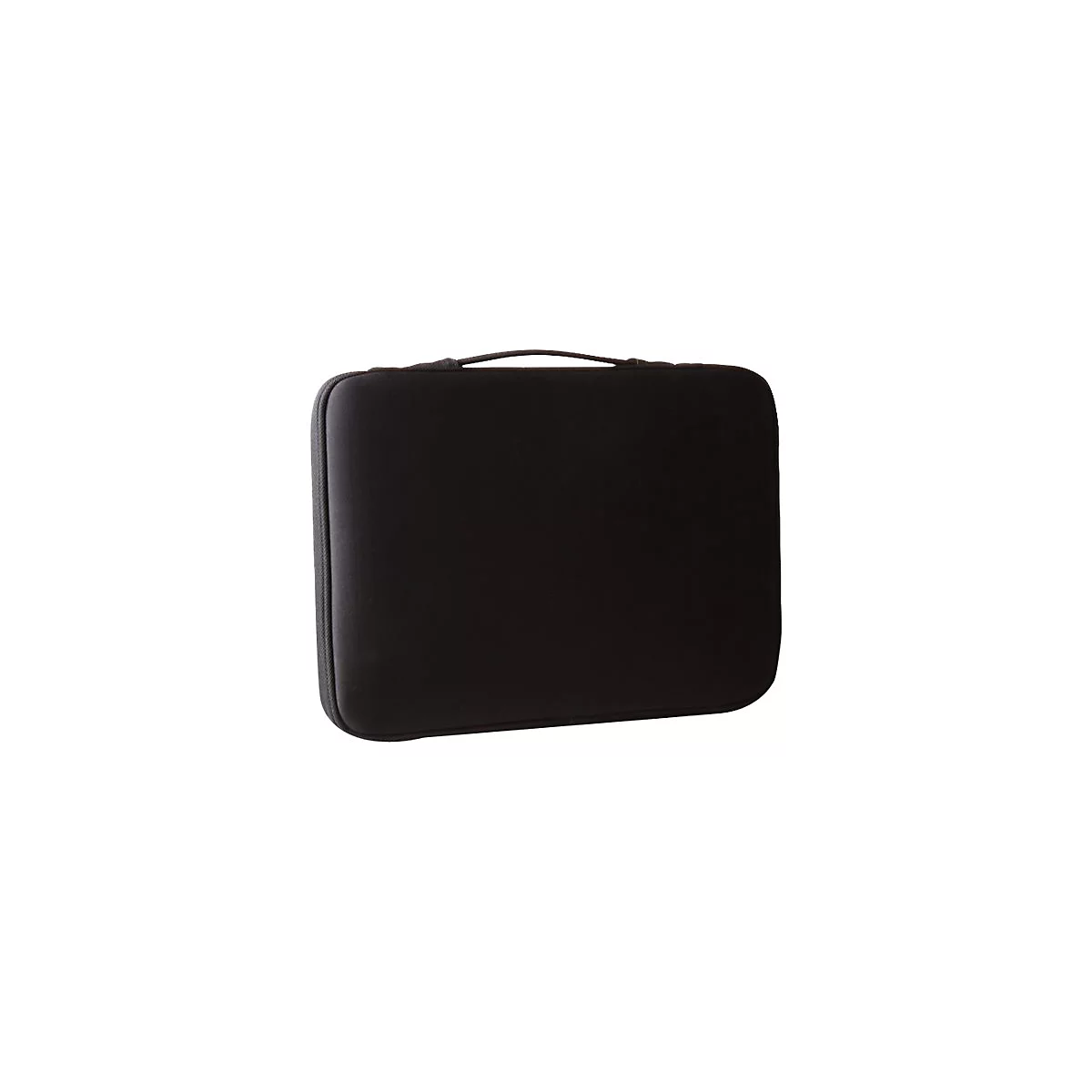 Schwarze Laptoptasche mit Griff und Reißverschluss.