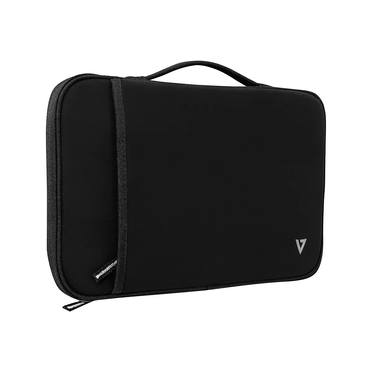 Schwarze Laptoptasche mit Griff, Trageschlaufe und Logo. Reißverschluss und Stoffbänder entlang der Kanten.