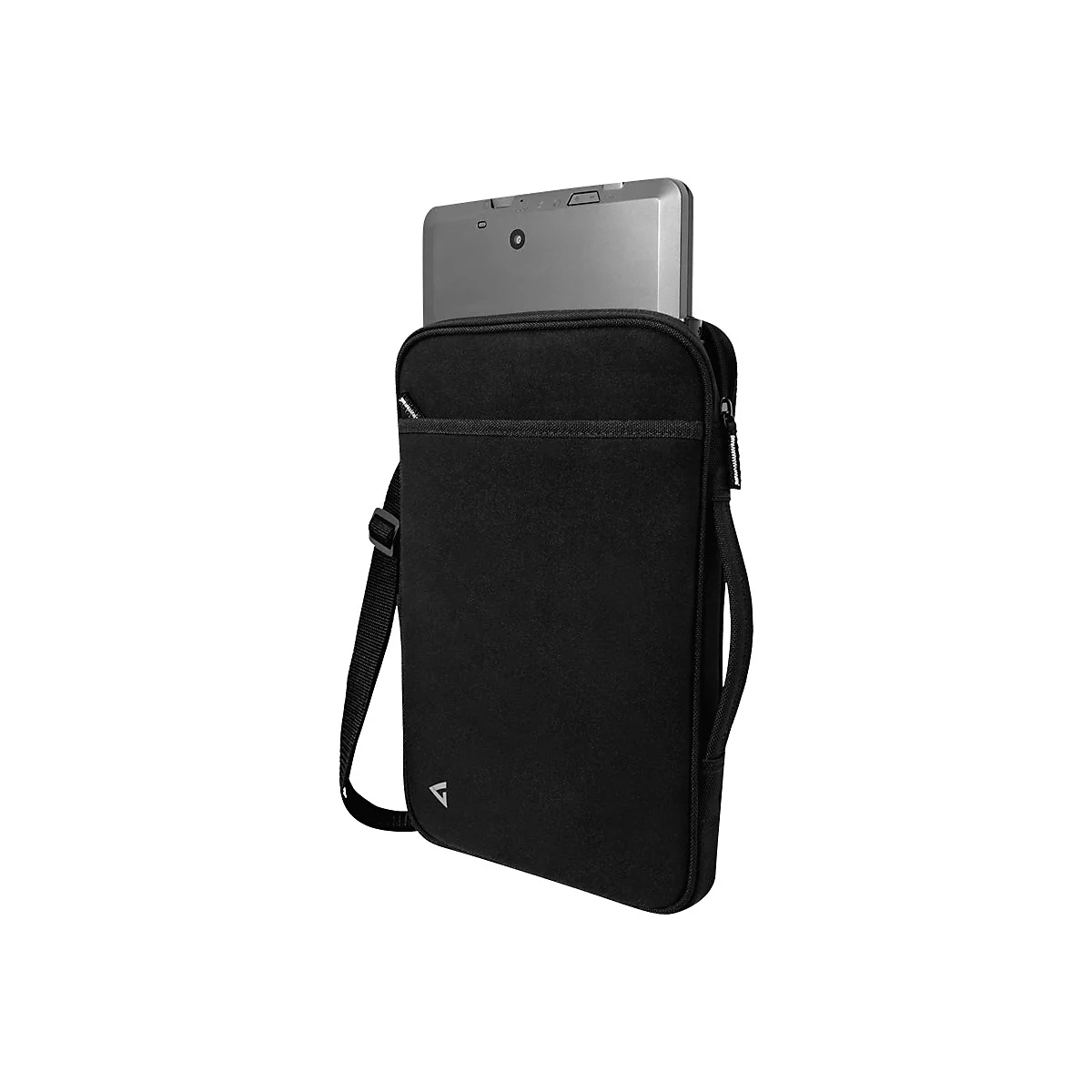 Schwarze Tablet-Tasche mit Schultergurt und Tablet.