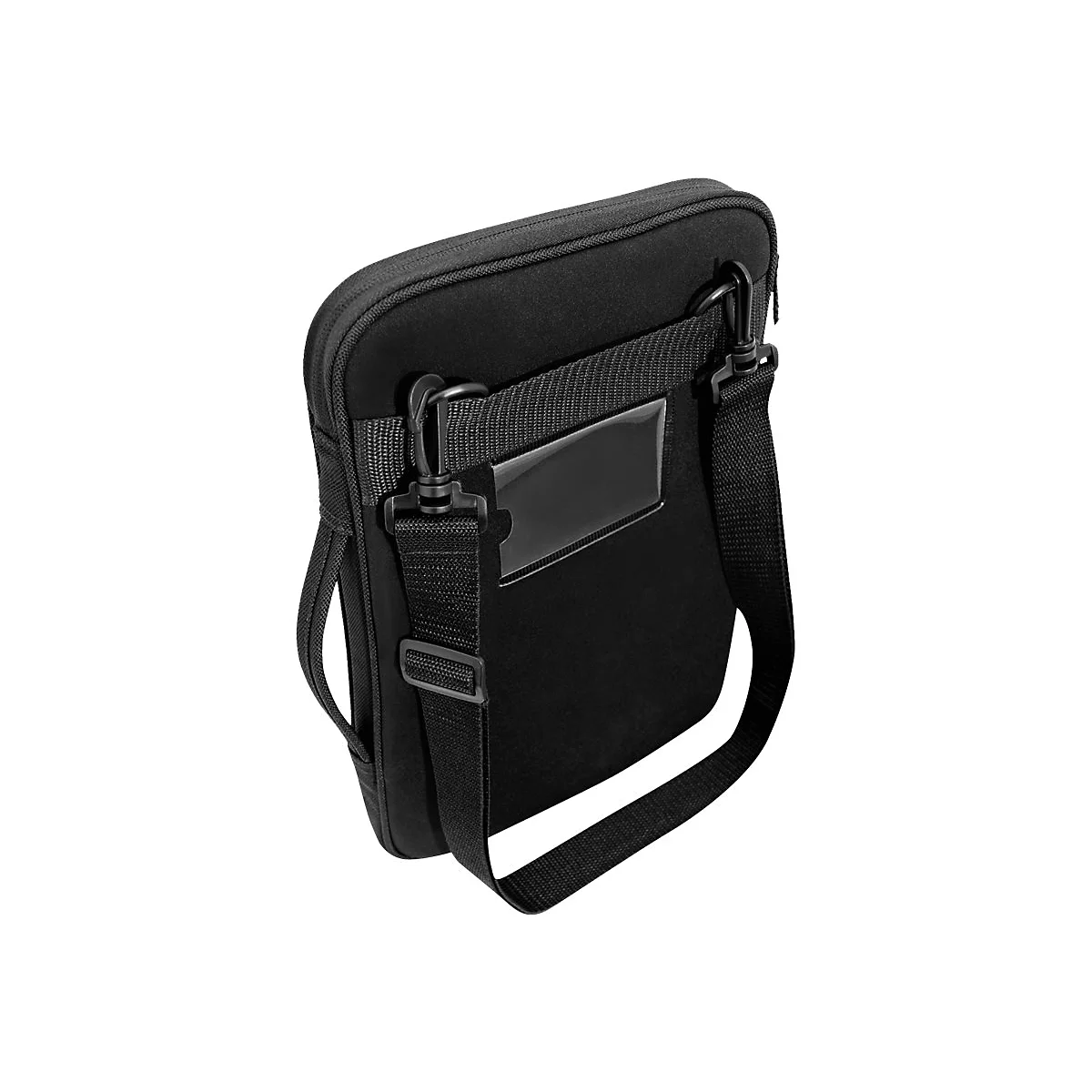 Schwarze Laptoptasche mit Schulterriemen und Adressfeld vor weißem Hintergrund.