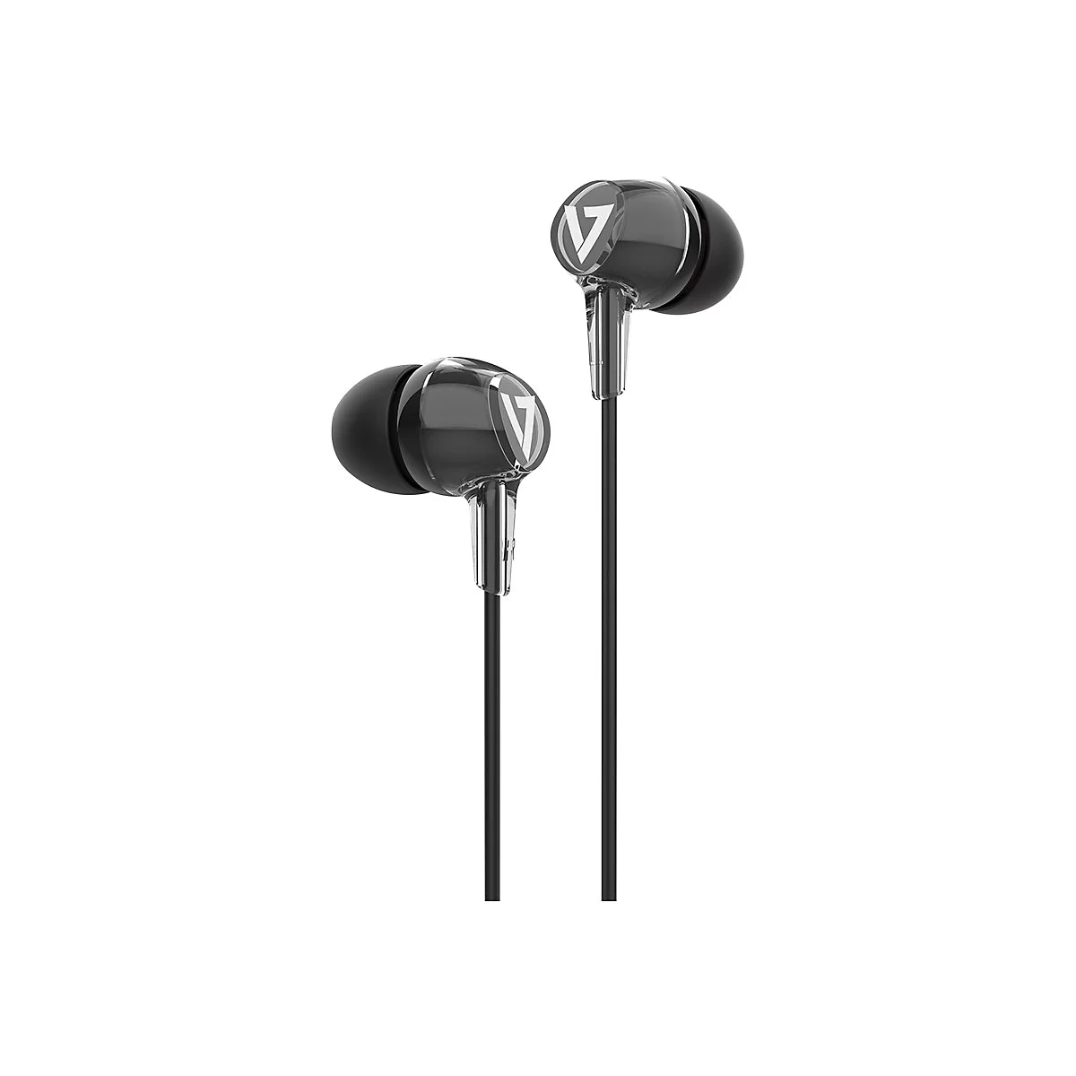Dunkelgraue In-Ear-KopfhÃ¶rer, V-Logo. Schwarze Kabel. Auf weiÃŸem Hintergrund.