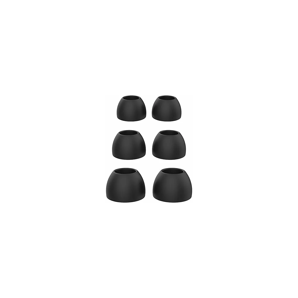 Sechs schwarze Ohrstöpsel liegen vor weißem Hintergrund. Jedes hat eine runde Form mit einer Öffnung.