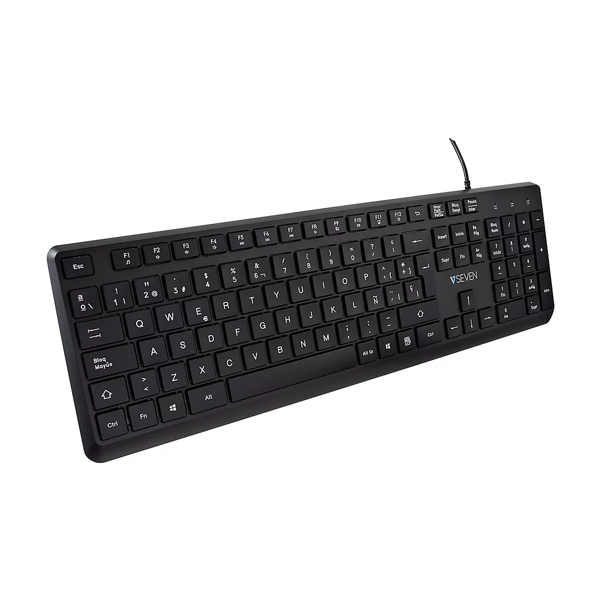 Schwarze Computertastatur mit weißen Buchstaben und Zahlen, Kabelanschluss.