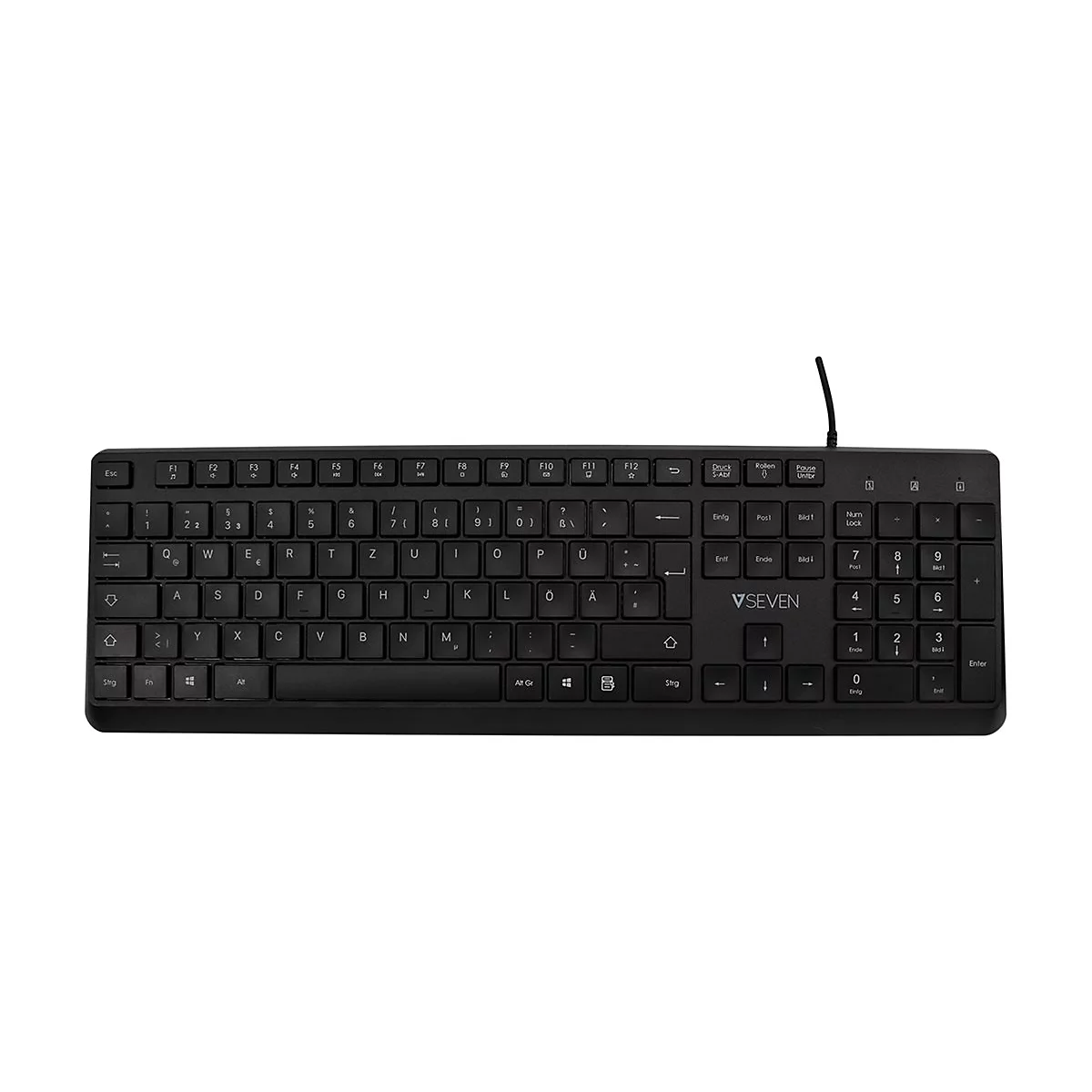Clavier noir V-Seven, vue de dessus. Des lettres, des chiffres et des caractères spéciaux sont visibles sur les touches. Le câble est orienté vers le haut.
