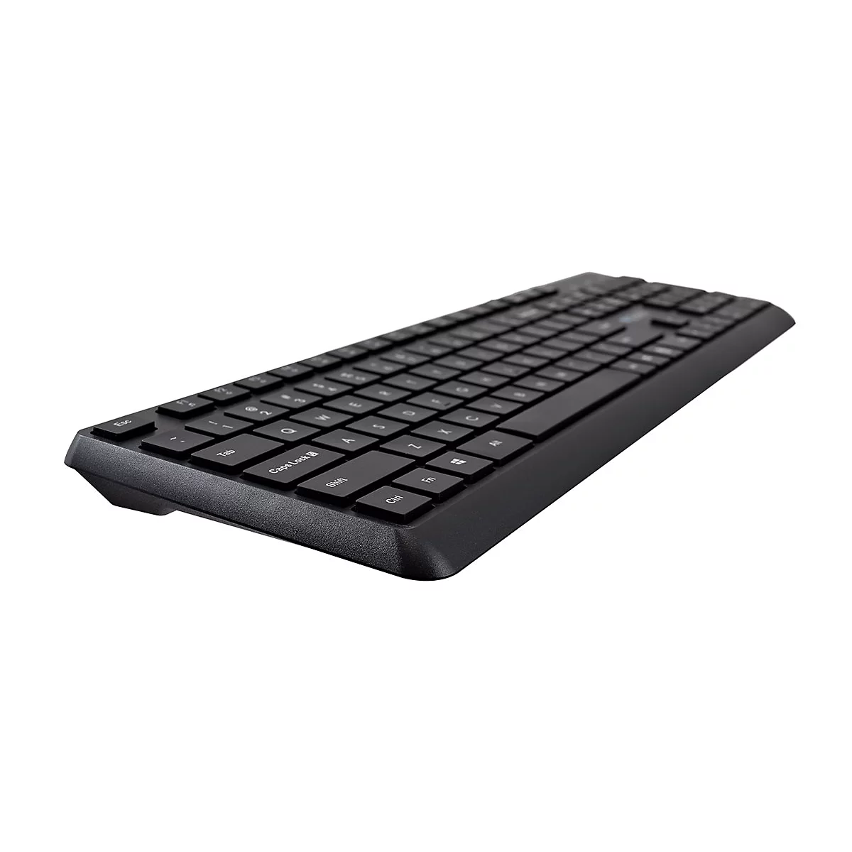 Schwarze Tastatur mit weißen Beschriftungen. Im Blickwinkel von oben fotografiert.