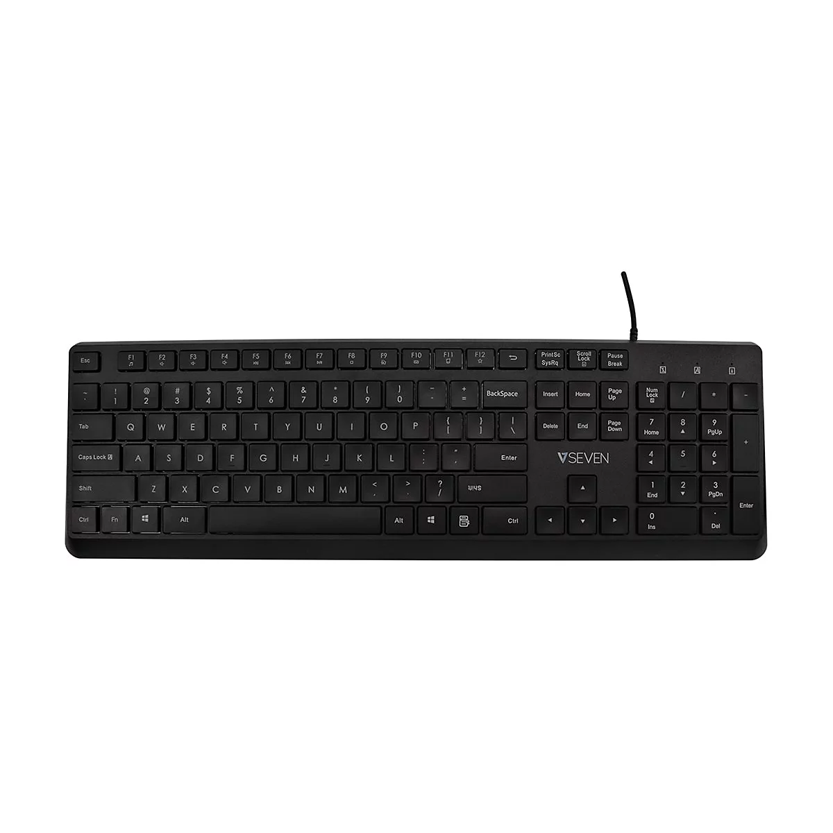 Schwarze Tastatur mit weißen Buchstaben und Zahlen, Kabel oben. Das Layout ist Standard mit Ziffernblock.