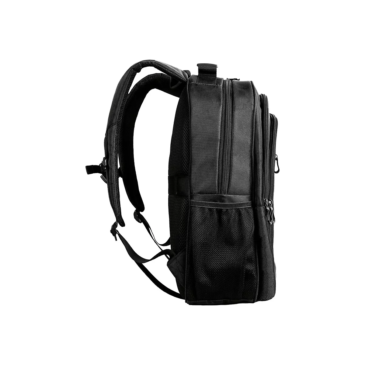 Schwarzer Rucksack im Profil, zeigt Reißverschlüsse und Träger.