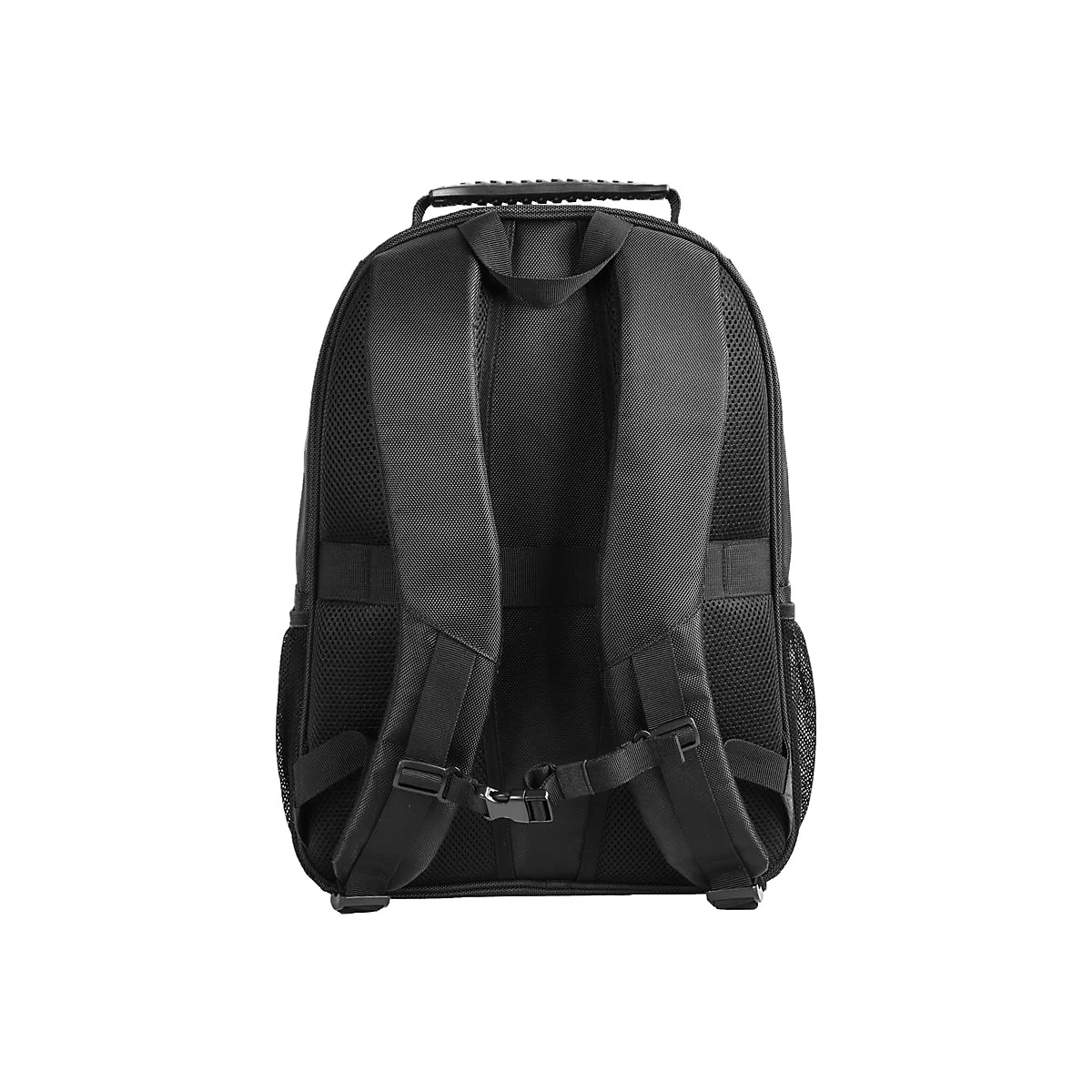 Schwarzer Rucksack von hinten, mit Tragegriff und gepolsterten Schultergurten.