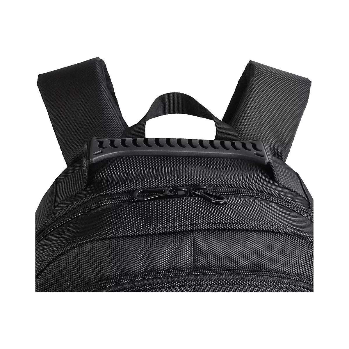 Detailaufnahme eines schwarzen Rucksacks mit Griff, Schultergurten und Reißverschluss.