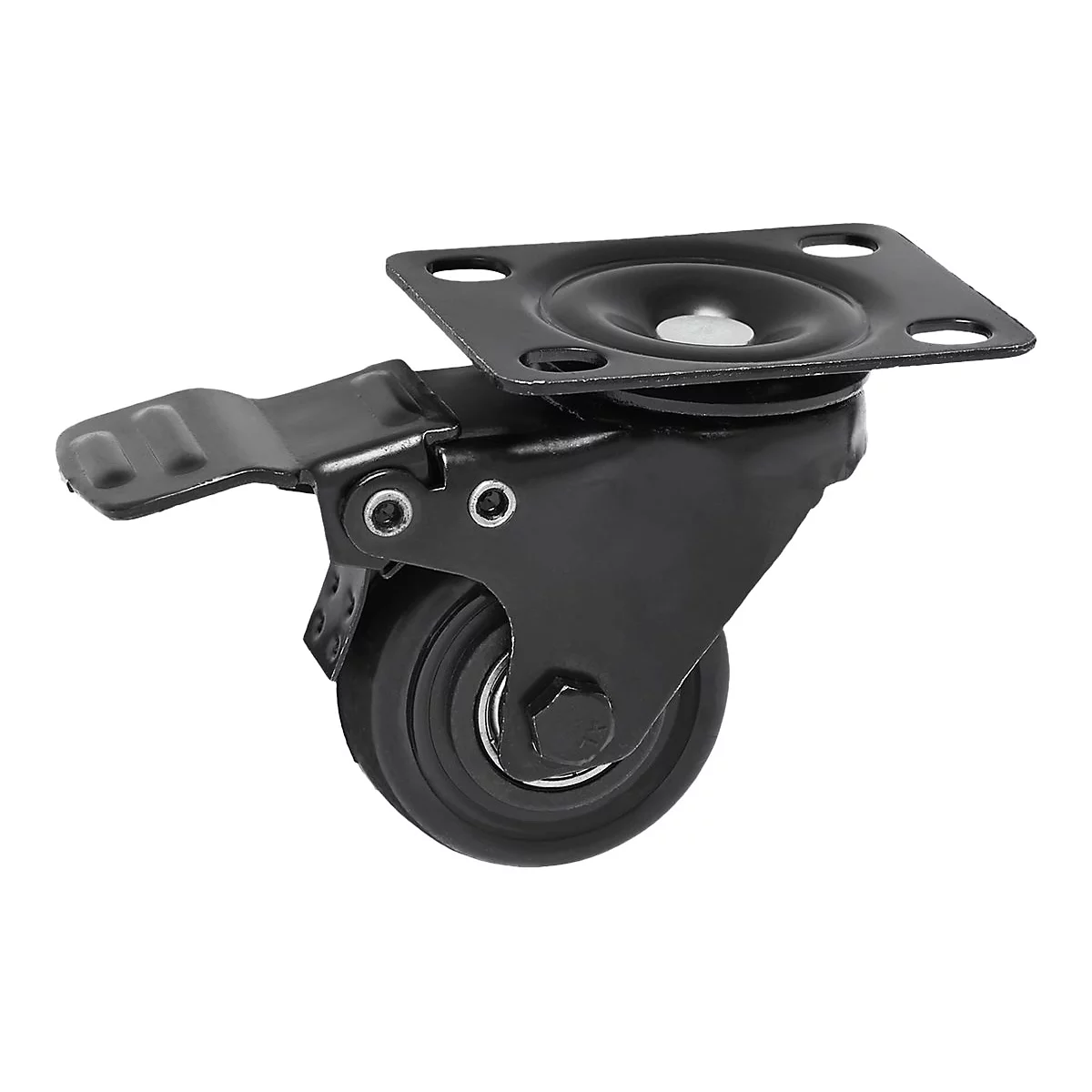Schwarze Möbelrolle mit Platte und Bremse, Detailaufnahme auf weißem Hintergrund.