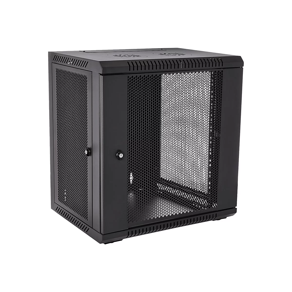 Schwarzer Serverschrank mit Gittertüren, Details: Belüftungsschlitze, abschließbar.