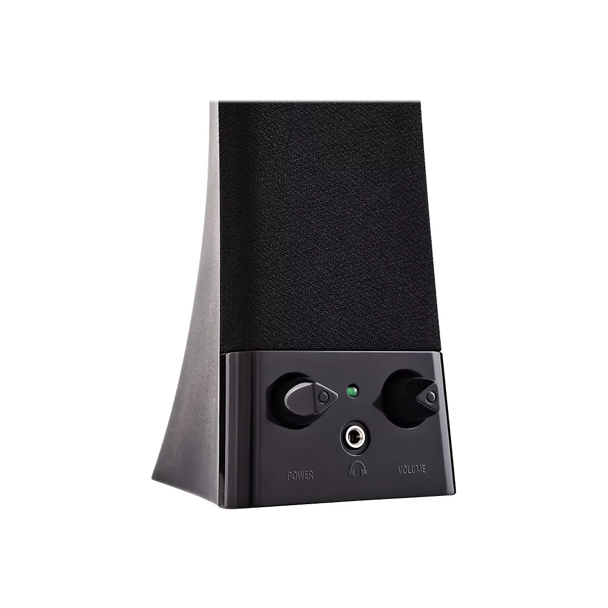 Schwarzer Lautsprecher, Frontansicht, mit Reglern für Power und Lautstärke. Text "POWER" und "VOLUME".