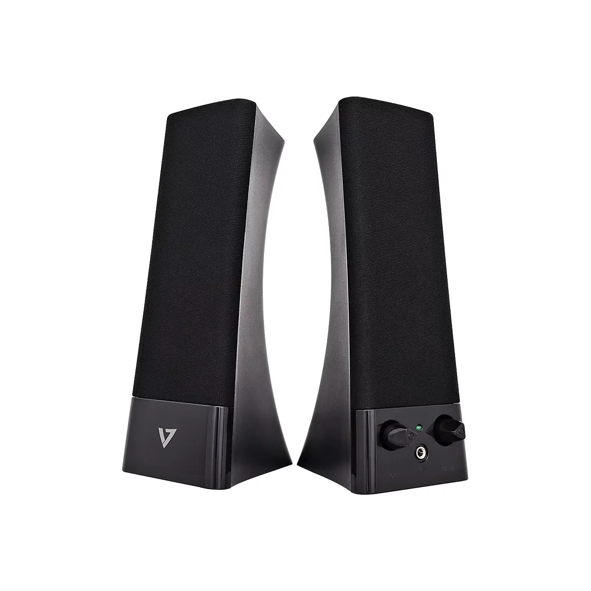 Zwei schwarze Lautsprecher mit gerundeter Form. Auf einem Lautsprecher befindet sich ein Lautstärkeregler.