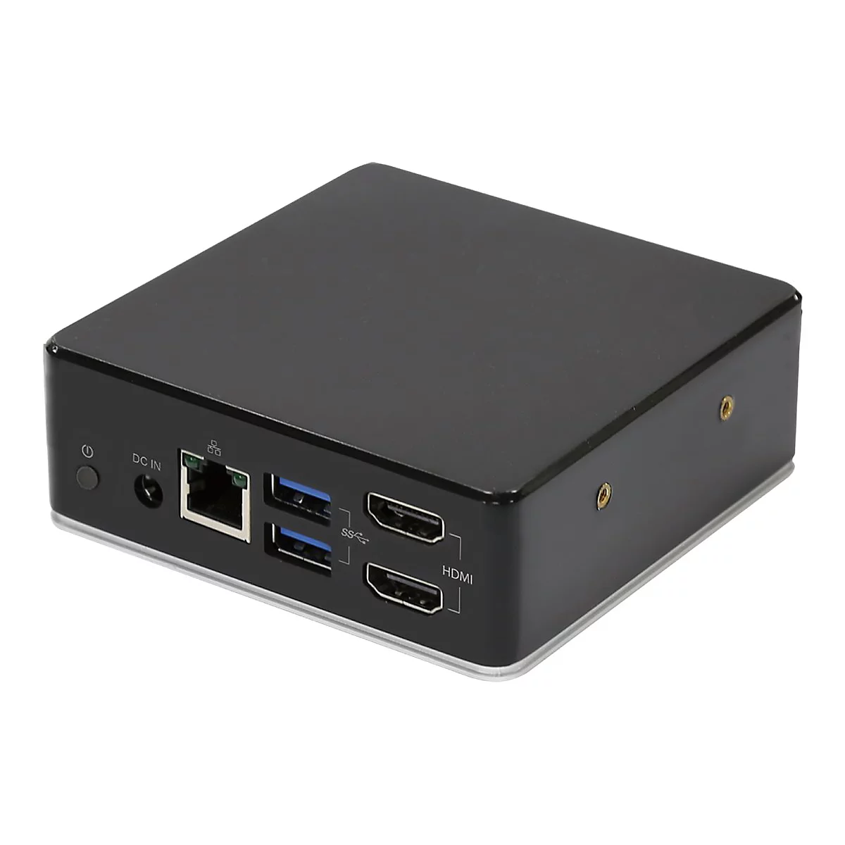 Ein schwarzer Mini-PC mit AnschlÃ¼ssen fÃ¼r Strom, Netzwerk und HDMI, vor weiÃŸem Hintergrund.
