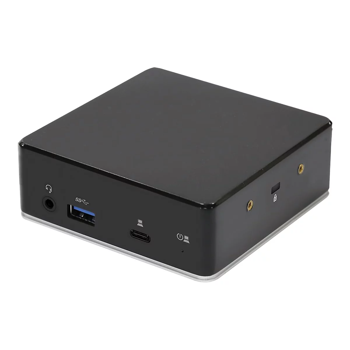 Schwarzer Mini-PC mit silbernen Akzenten und AnschlÃ¼ssen. Auf der Vorderseite befinden sich USB-, Audio- und StromanschlÃ¼sse. Oben flache OberflÃ¤che.