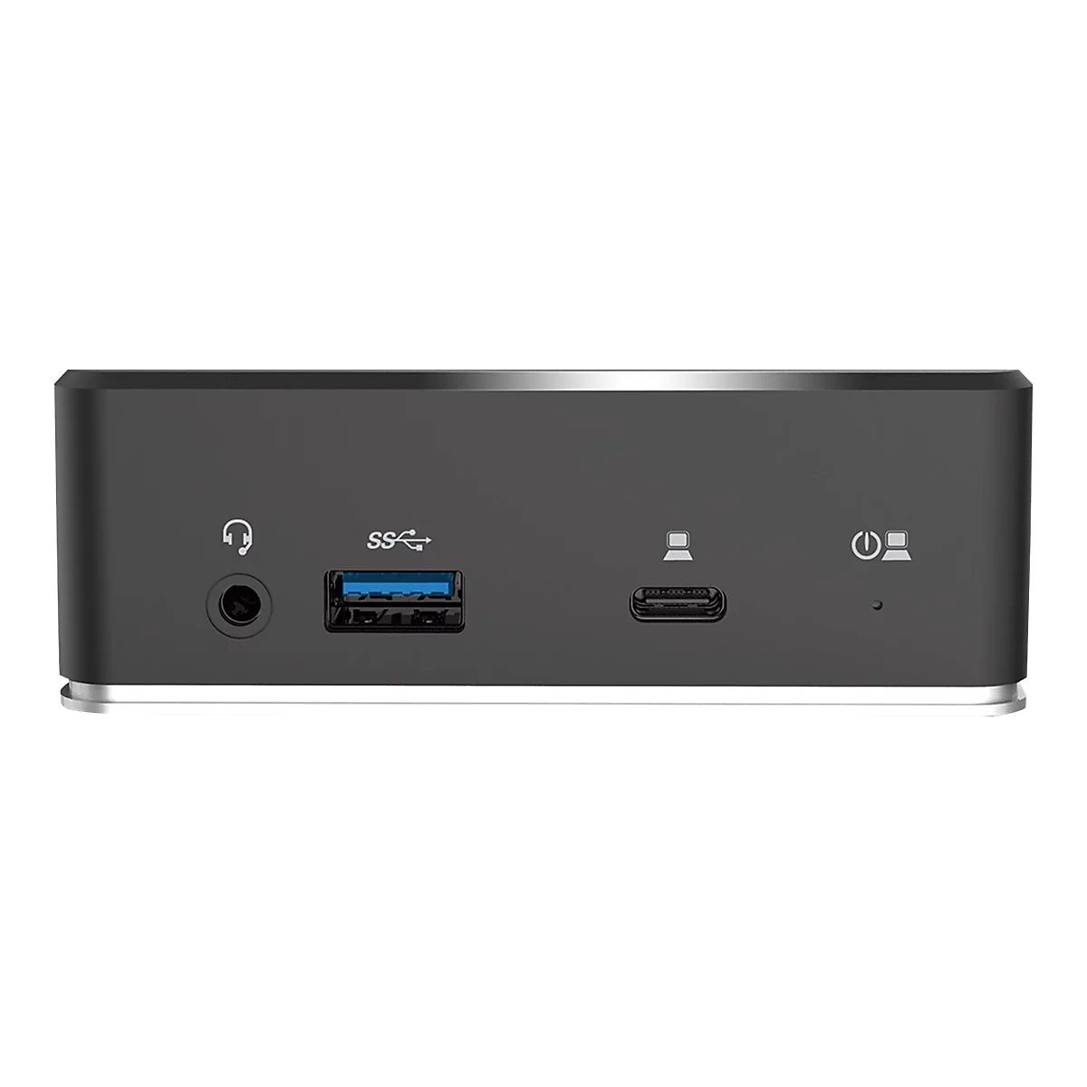 Dunkelgrauer Mini-Computer mit AnschlÃ¼ssen fÃ¼r KopfhÃ¶rer, USB, Strom und Display. Auf weiÃŸem Grund.