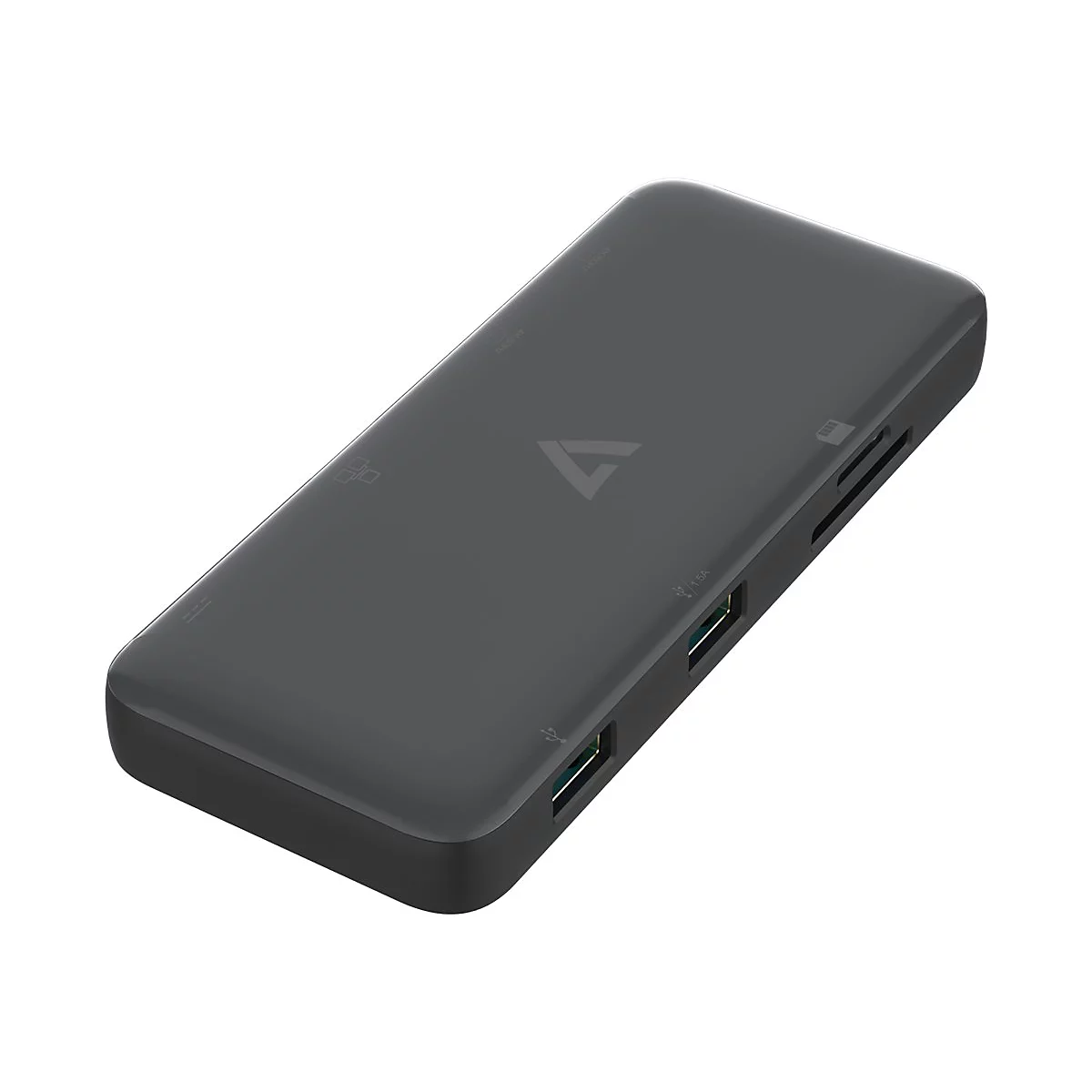 Dunkelgrauer USB-C-Hub, rechteckig mit abgerundeten Kanten. Auf der Oberseite ein Logo. Seitlich USB-Anschlüsse und Kartenleser.