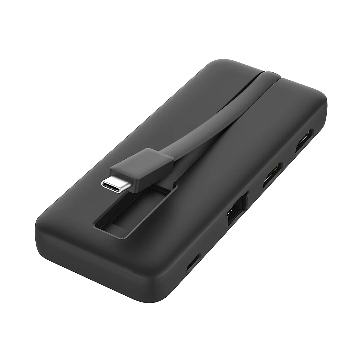 Ein schwarzer USB-C-Hub mit angeschlossenem Kabel. Das Gerät hat mehrere Anschlüsse und ist vor weißem Hintergrund abgebildet.