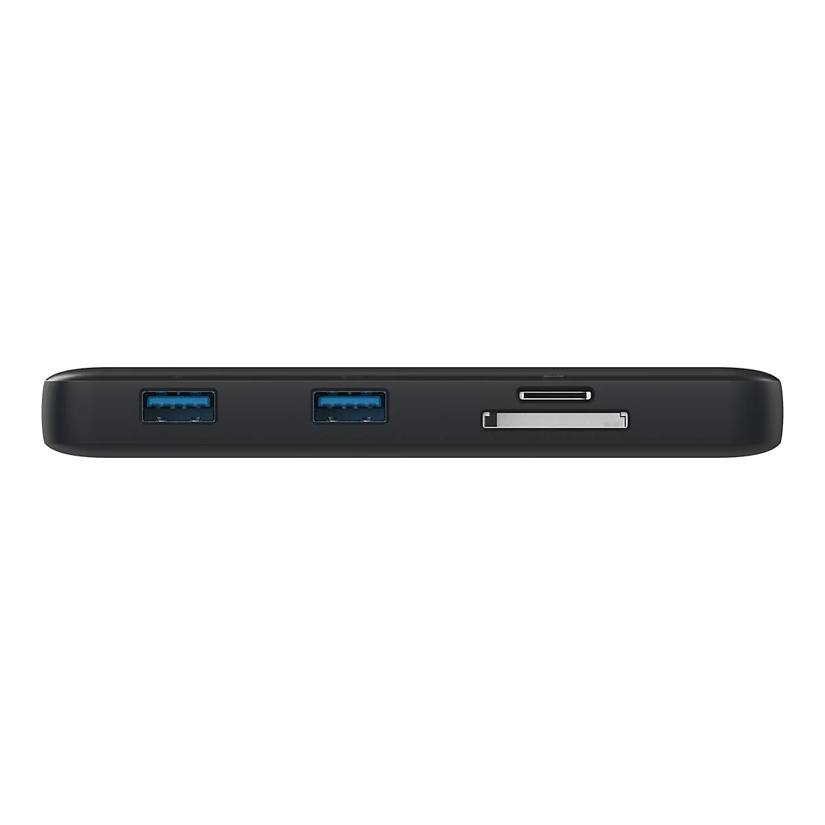 Schwarzer USB-Hub mit blauen USB-Anschlüssen und weiteren Anschlüssen vor weißem Hintergrund.