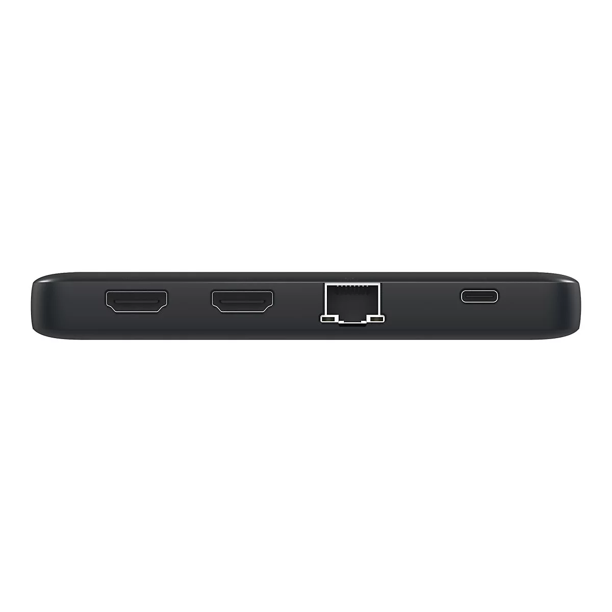 Schwarzes Gerät mit HDMI-Anschlüssen, Ethernet-Anschluss und USB-C-Anschluss. Es ist vor weißem Hintergrund abgebildet.