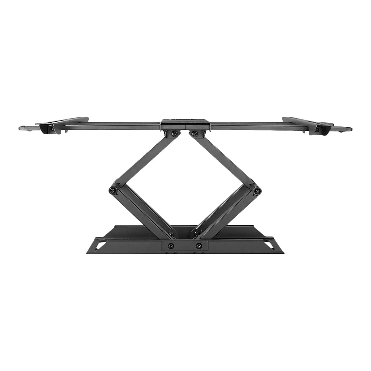 Schwarze TV-Wandhalterung, aus Metall, mit Scherenmechanismus. Auf weißem Hintergrund.