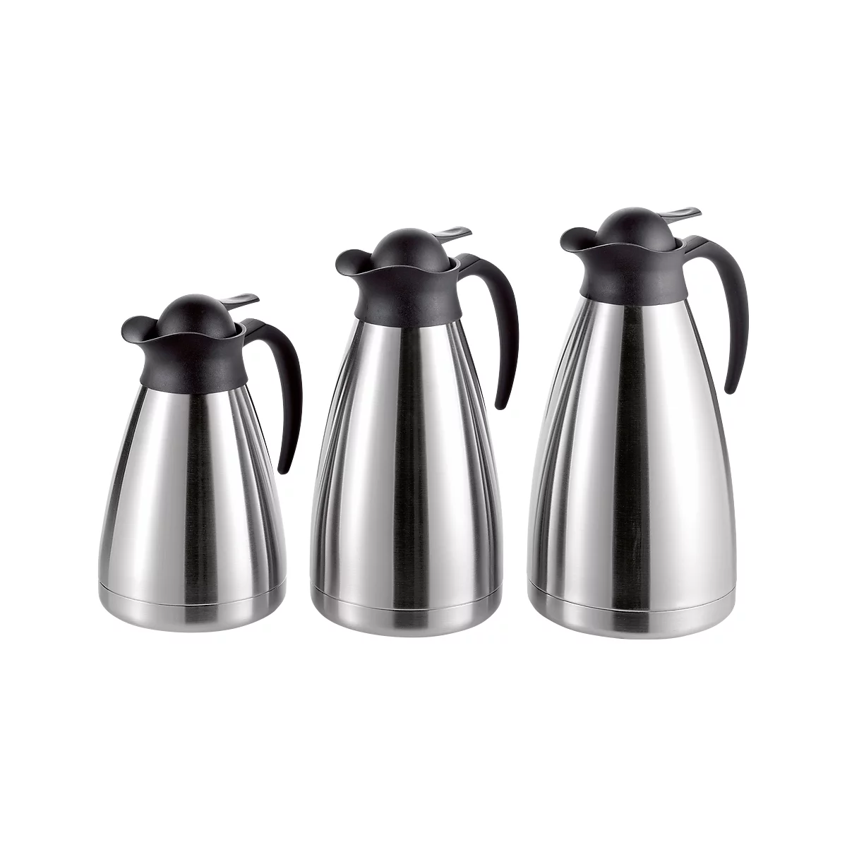 Three different sized stainless steel thermos flasks with black lids and handles.