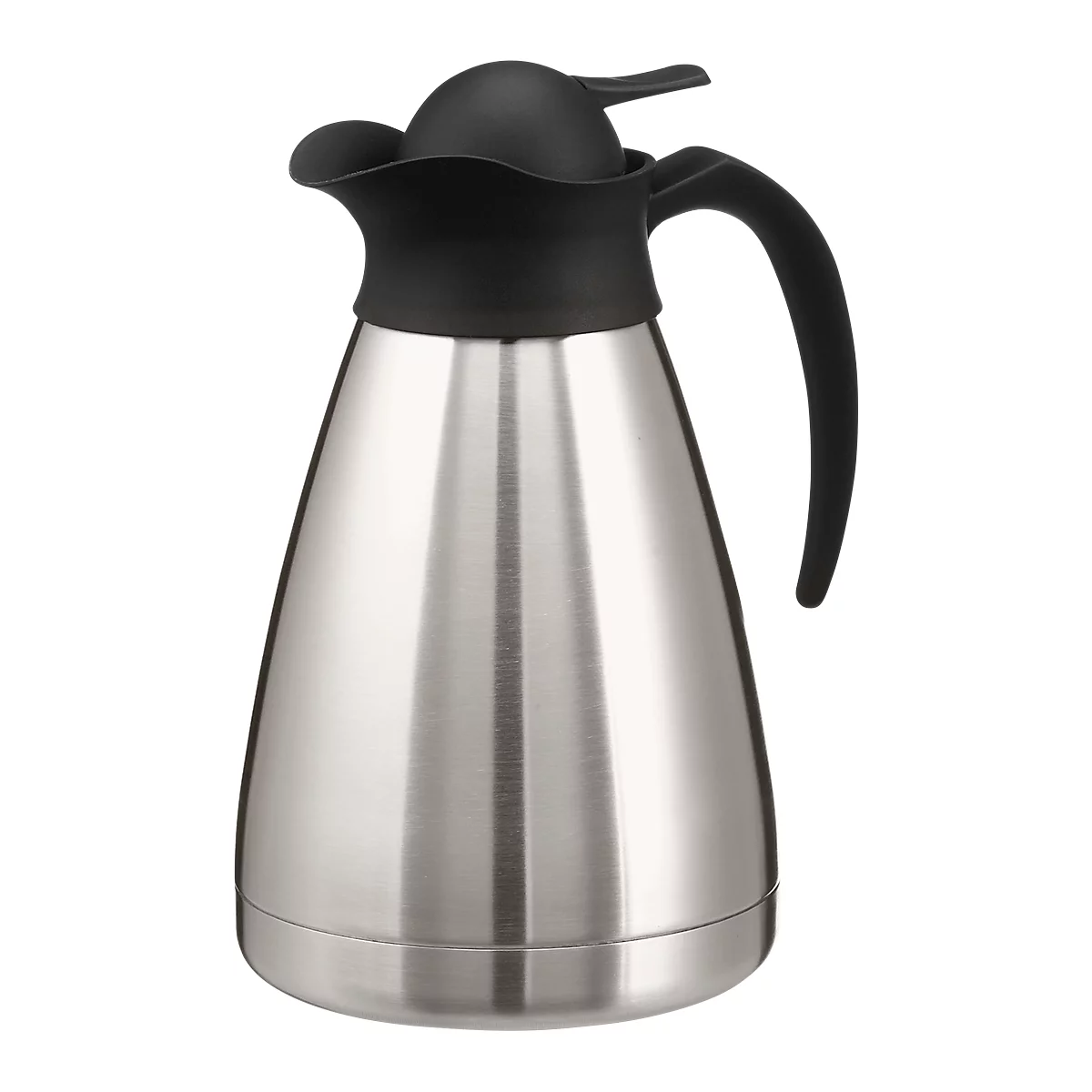 Stainless steel thermos with black lid and handle.