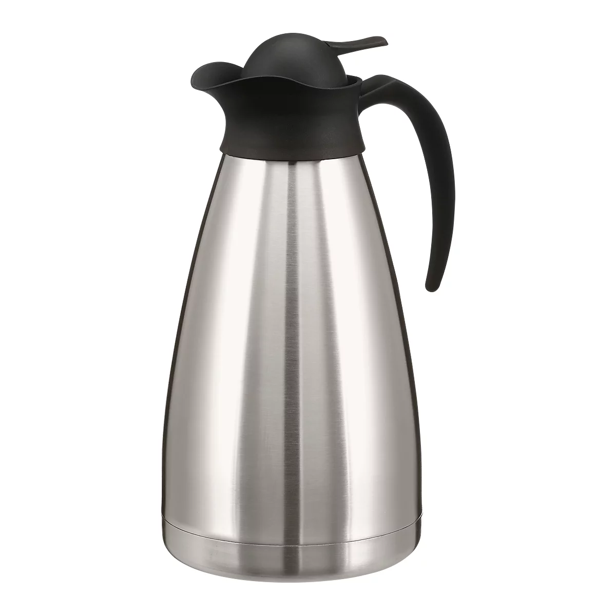 Stainless steel thermal jug, with black lid and handle.