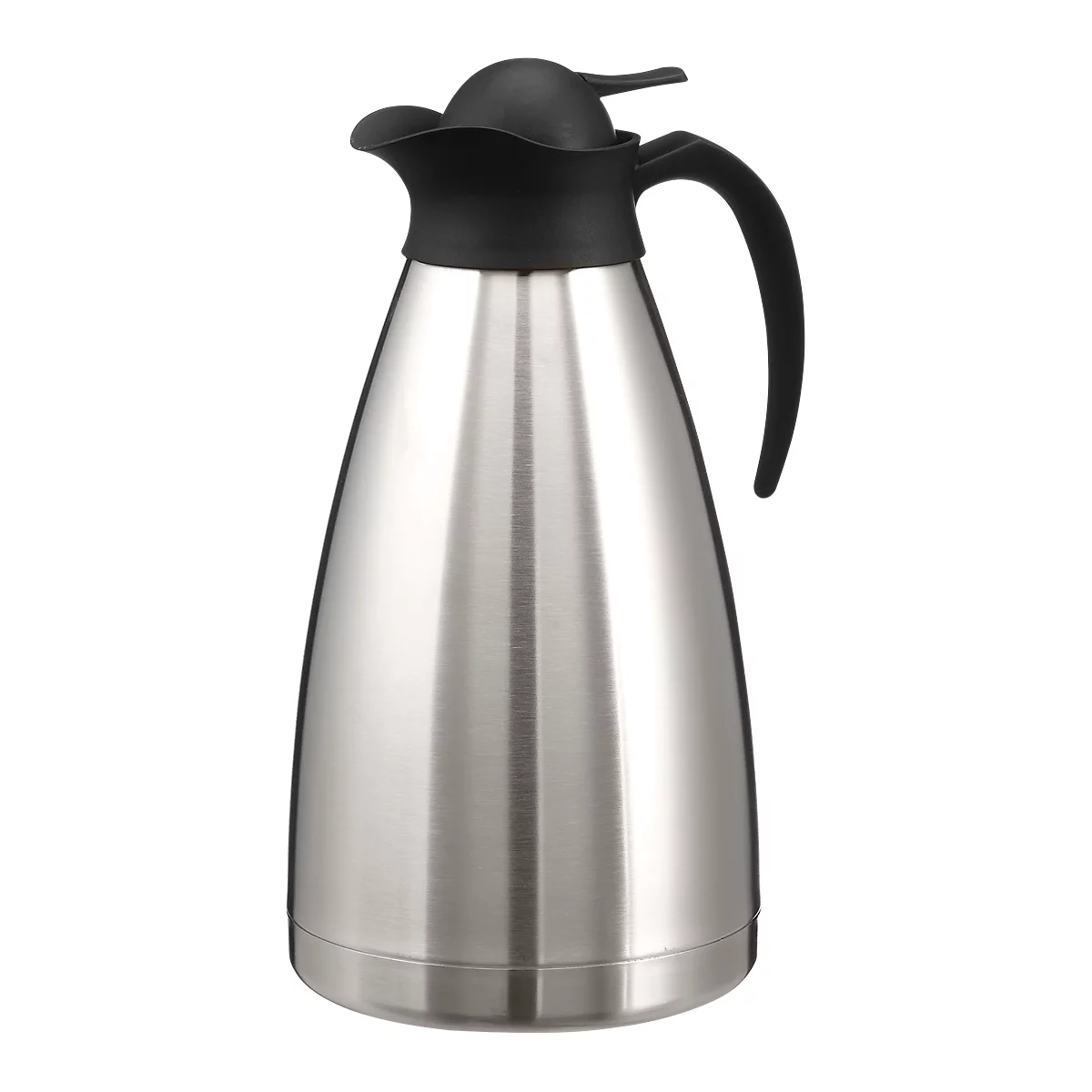 Silver thermos with a black lid and handle.