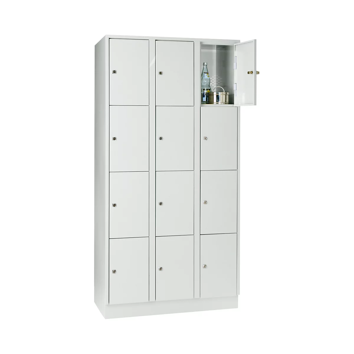 Vakkenkast 300 mm, 3 compartimenten, 12 vakken, veiligheidscilinderslot, sokkel, lichtgrijs