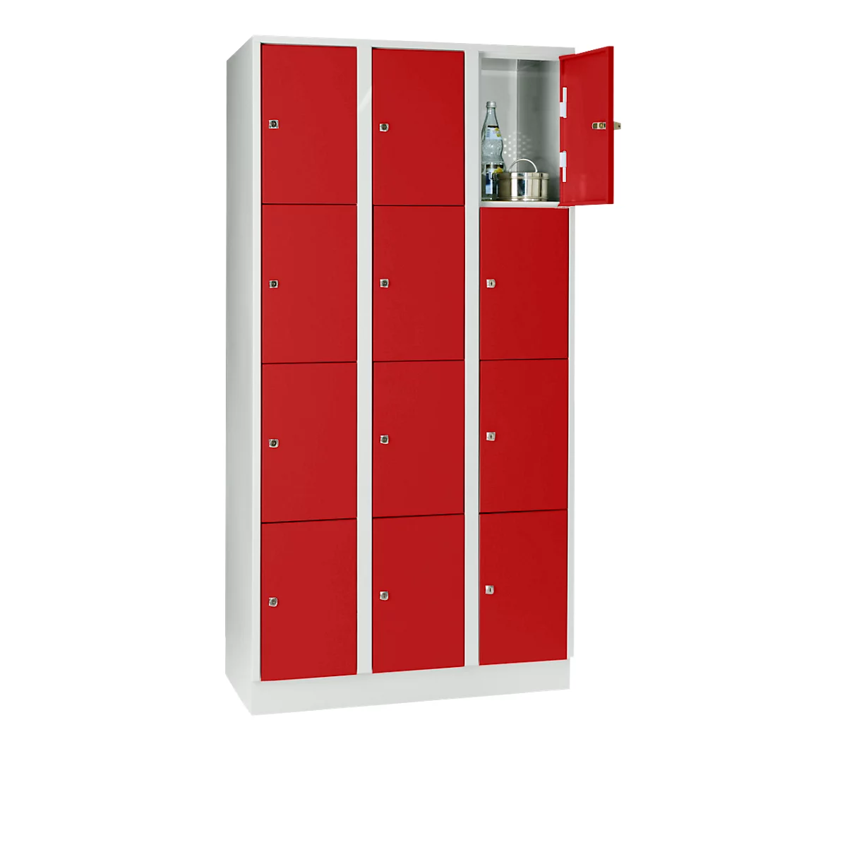 Vakkenkast 300 mm, 3 compartimenten, 12 vakken, veiligheidscilinderslot, sokkel, vuurrood