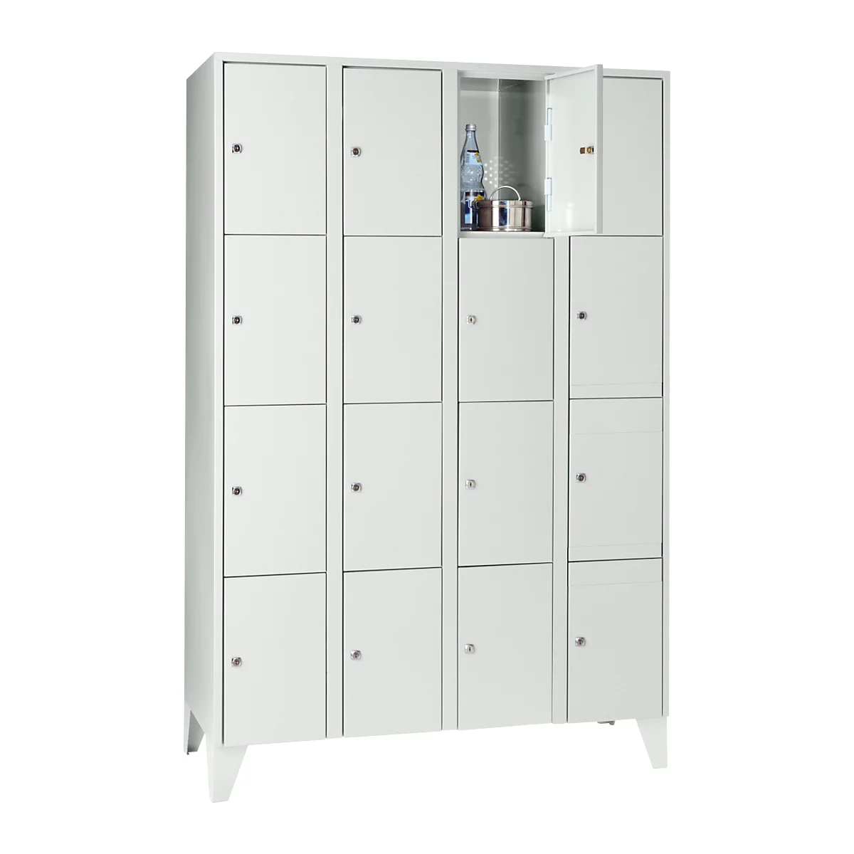 Vakkenkast 300 mm, 4 compartimenten, 16 vakken, veiligheidscilinderslot, poot, lichtgrijs