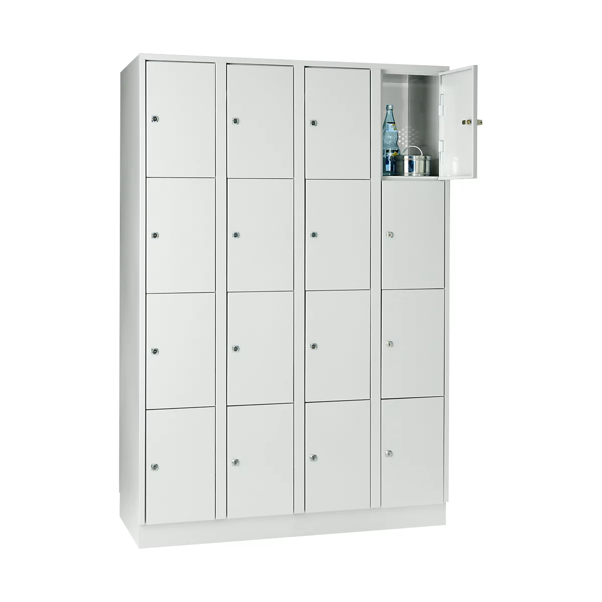 Vakkenkast 300 mm, 4 compartimenten, 16 vakken, veiligheidscilinderslot, sokkel, lichtgrijs