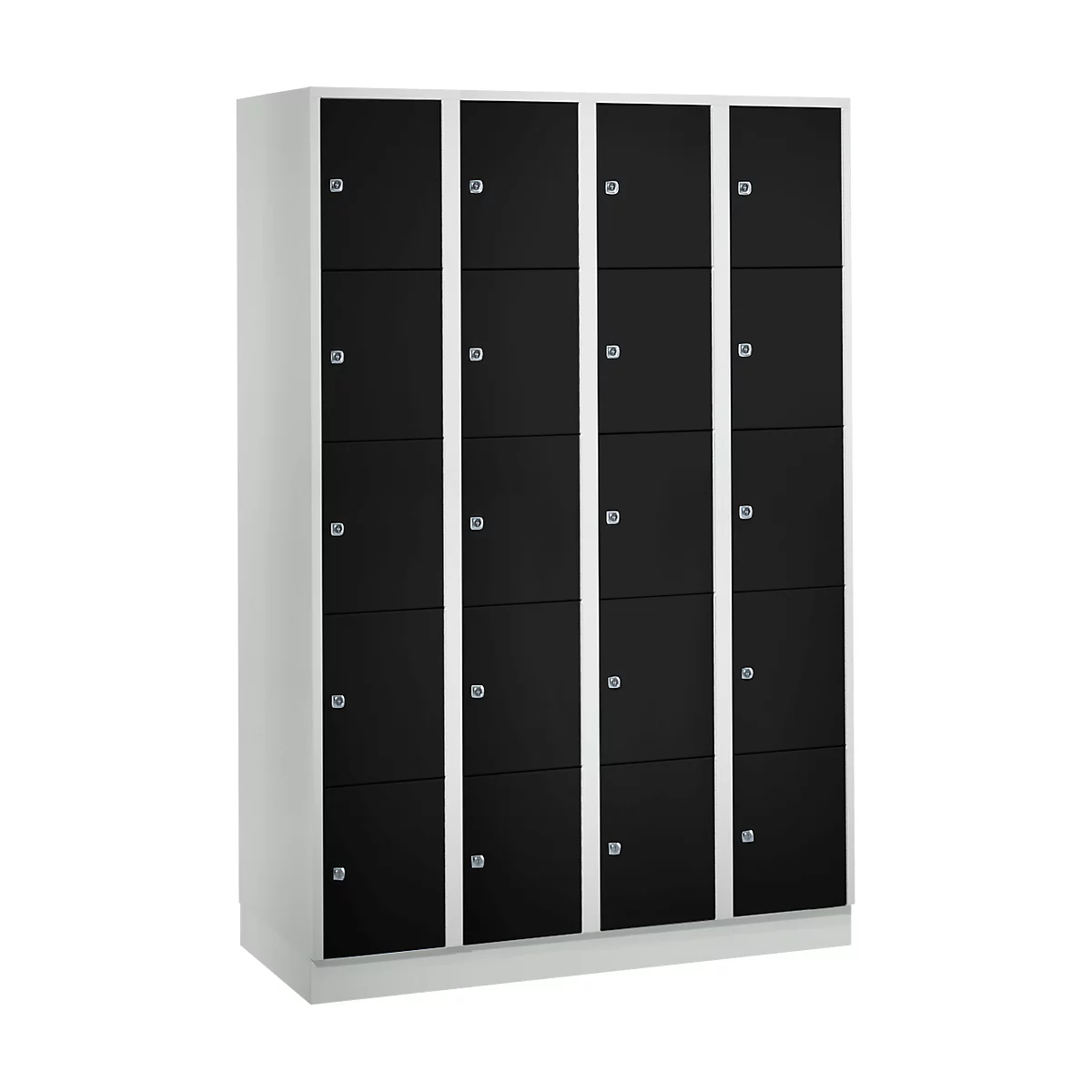 Vakkenkast 300 mm, 4 compartimenten, 20 vakken, veiligheidscilinderslot, sokkel, diepzwart