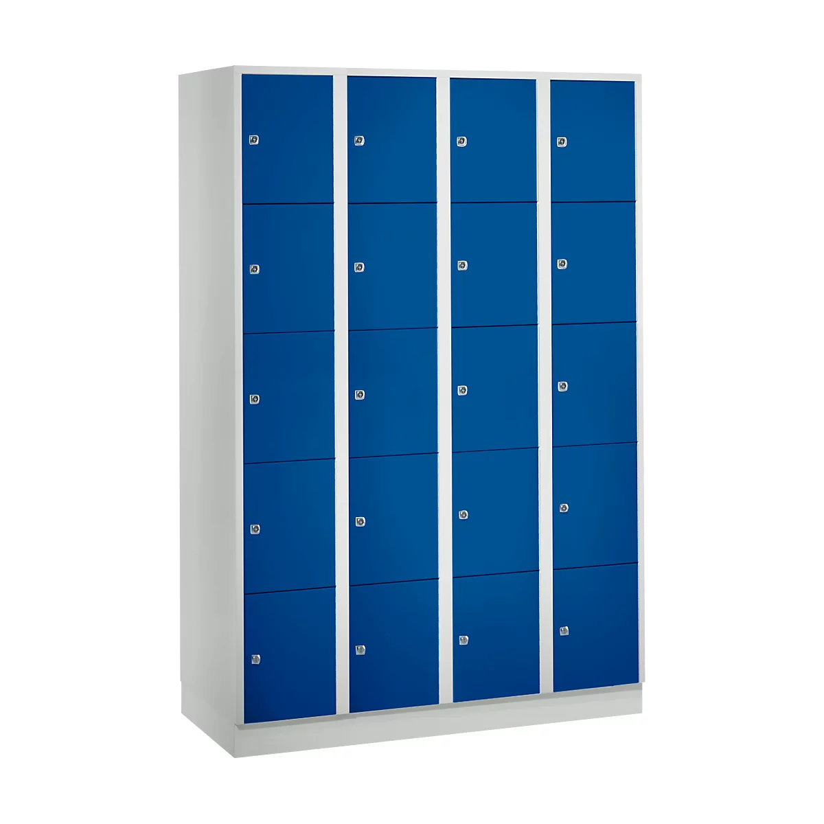 Vakkenkast 300 mm, 4 compartimenten, 20 vakken, veiligheidscilinderslot, sokkel, gentiaanblauw