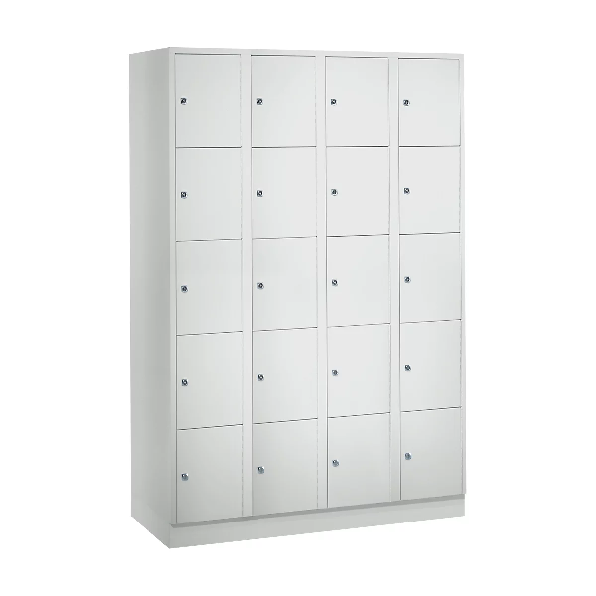 Vakkenkast 300 mm, 4 compartimenten, 20 vakken, veiligheidscilinderslot, sokkel, lichtgrijs