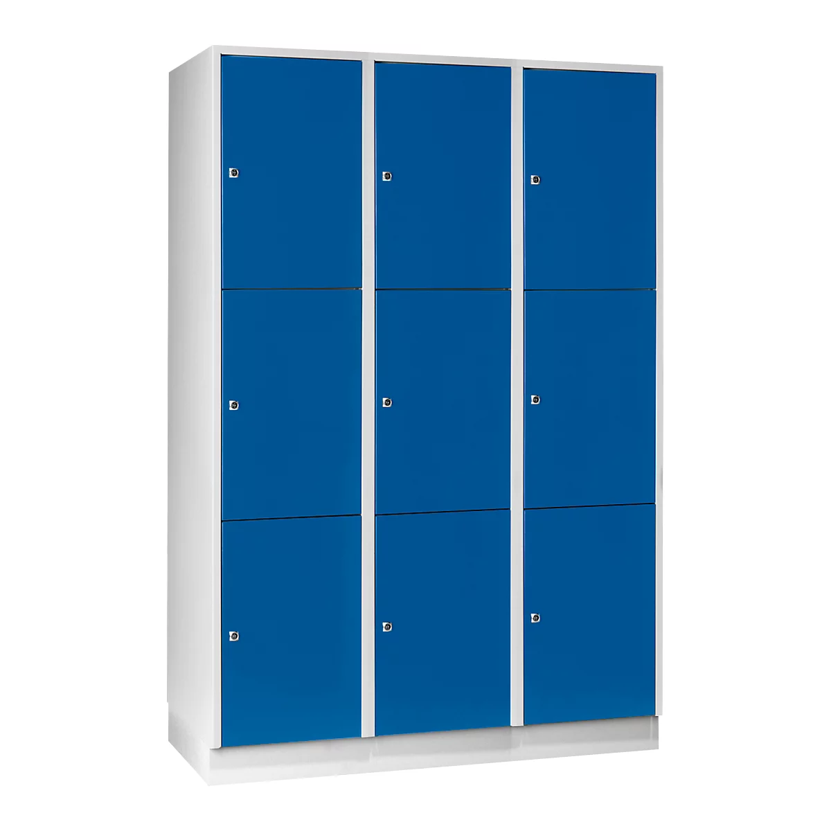 Vakkenkast 400 mm, 3 compartimenten, 9 vakken, veiligheidscilinderslot, sokkel, gentiaanblauw